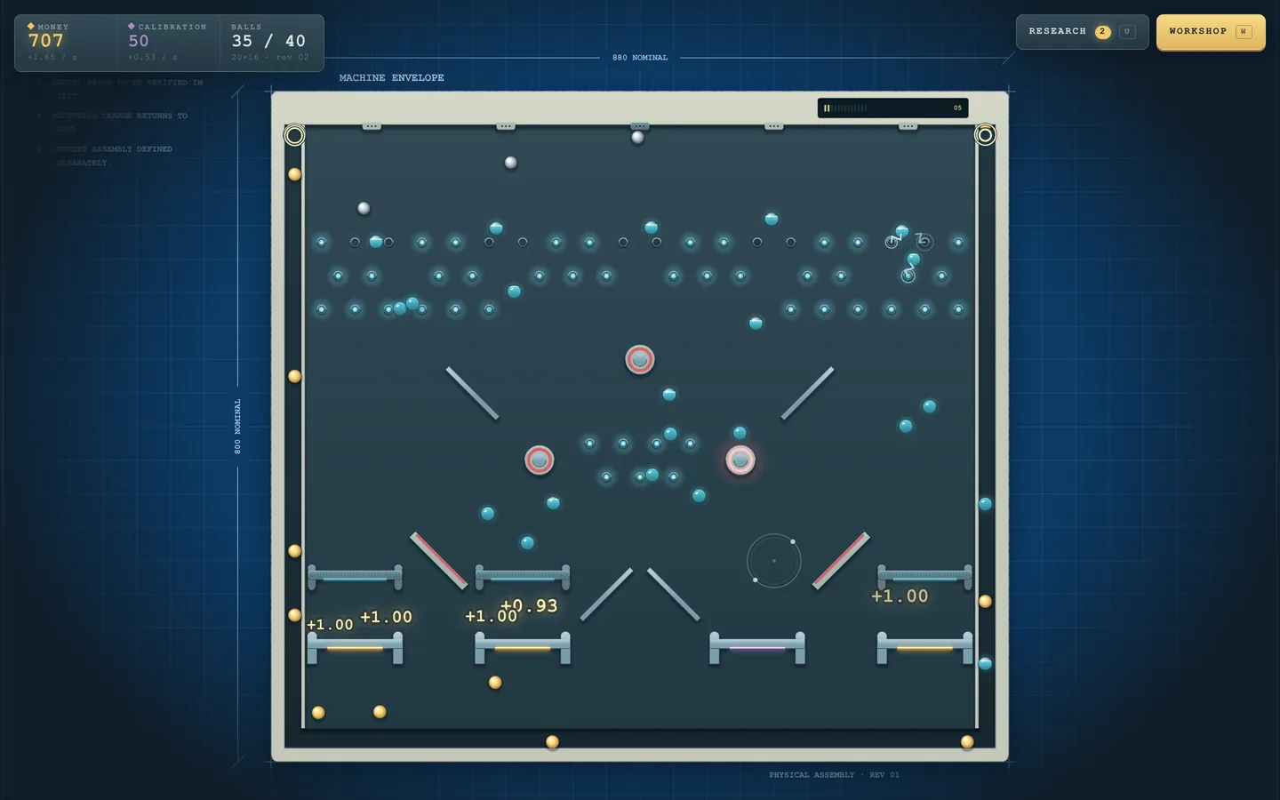 Pegawatt development build: a busy peg-board machine with about 35 balls in play.